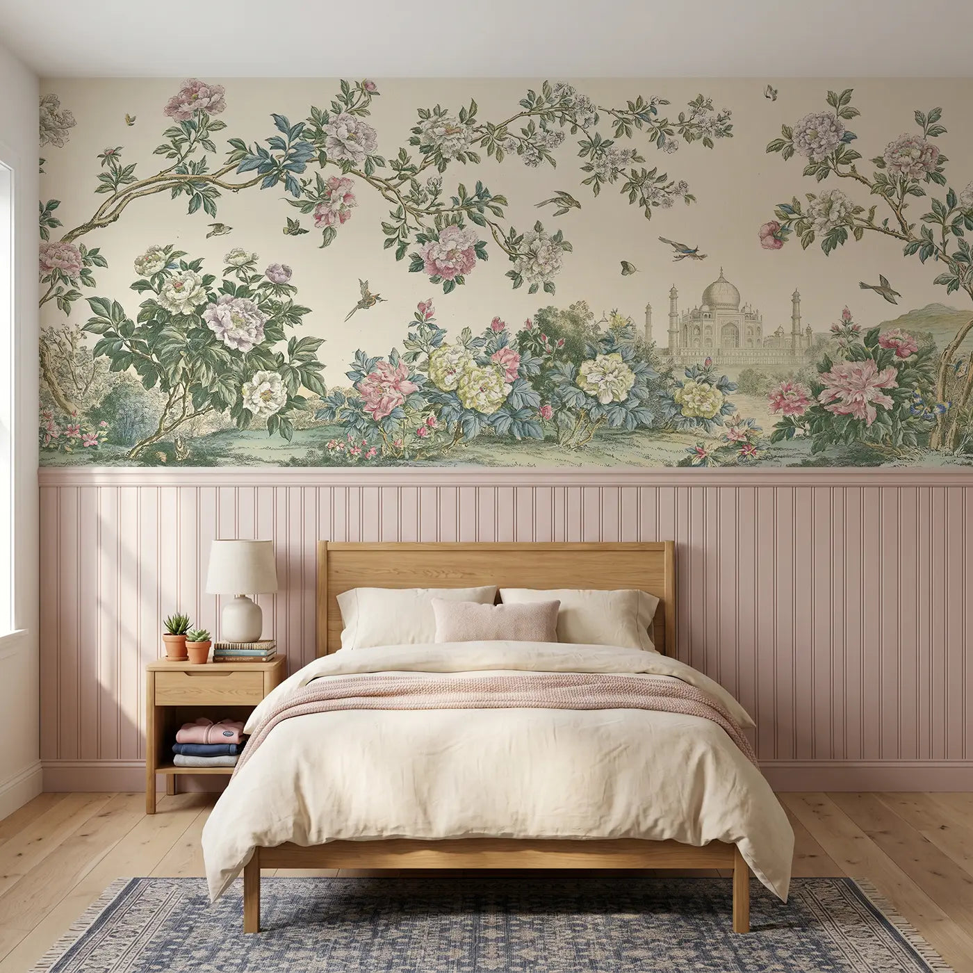 Botanical Elegance Taj Mahal peony garden wainscoting wallpaper for bedroom by Whimsy Tots.