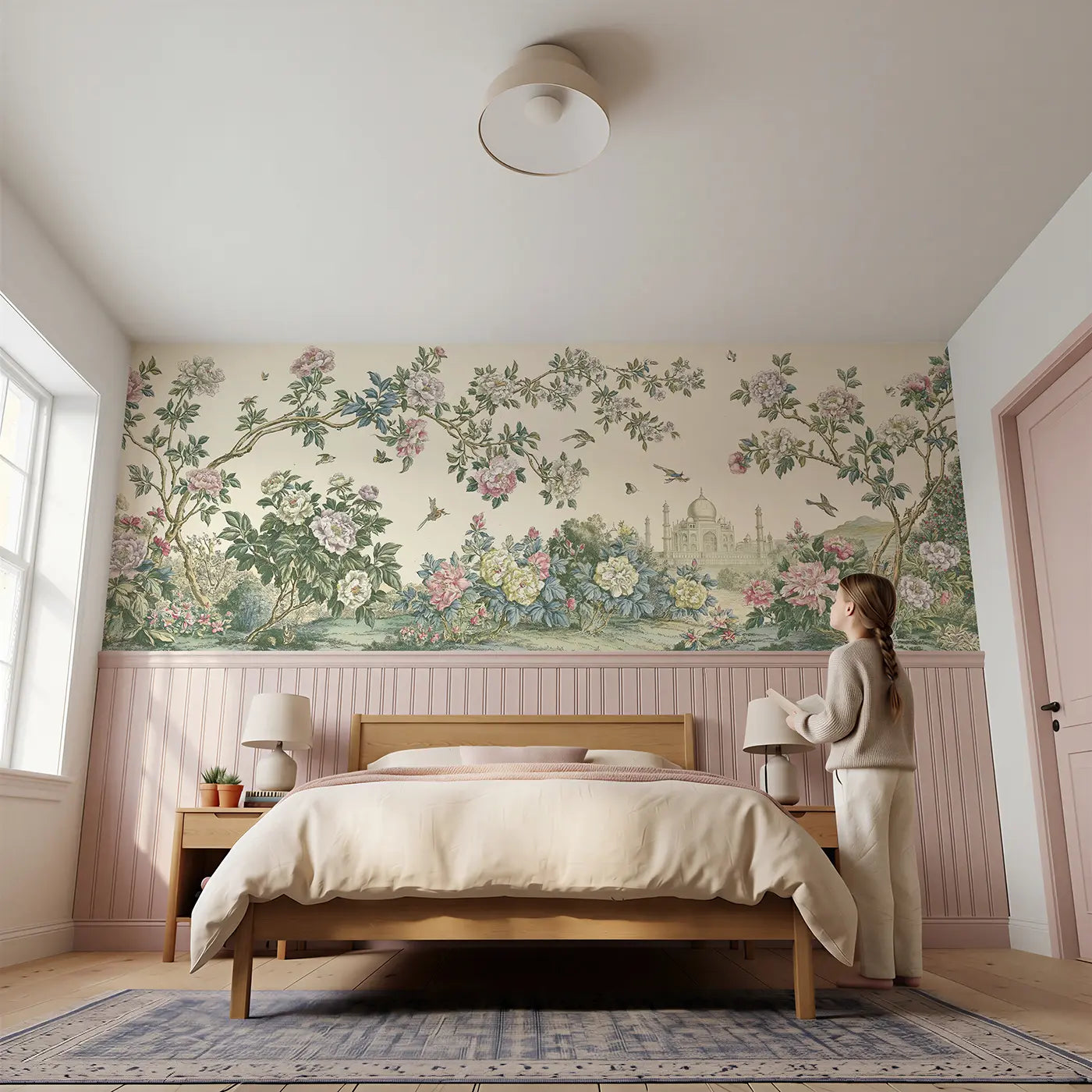 Child reading near Taj Mahal Peony Garden Wainscoting Wallpaper by Whimsy Tots