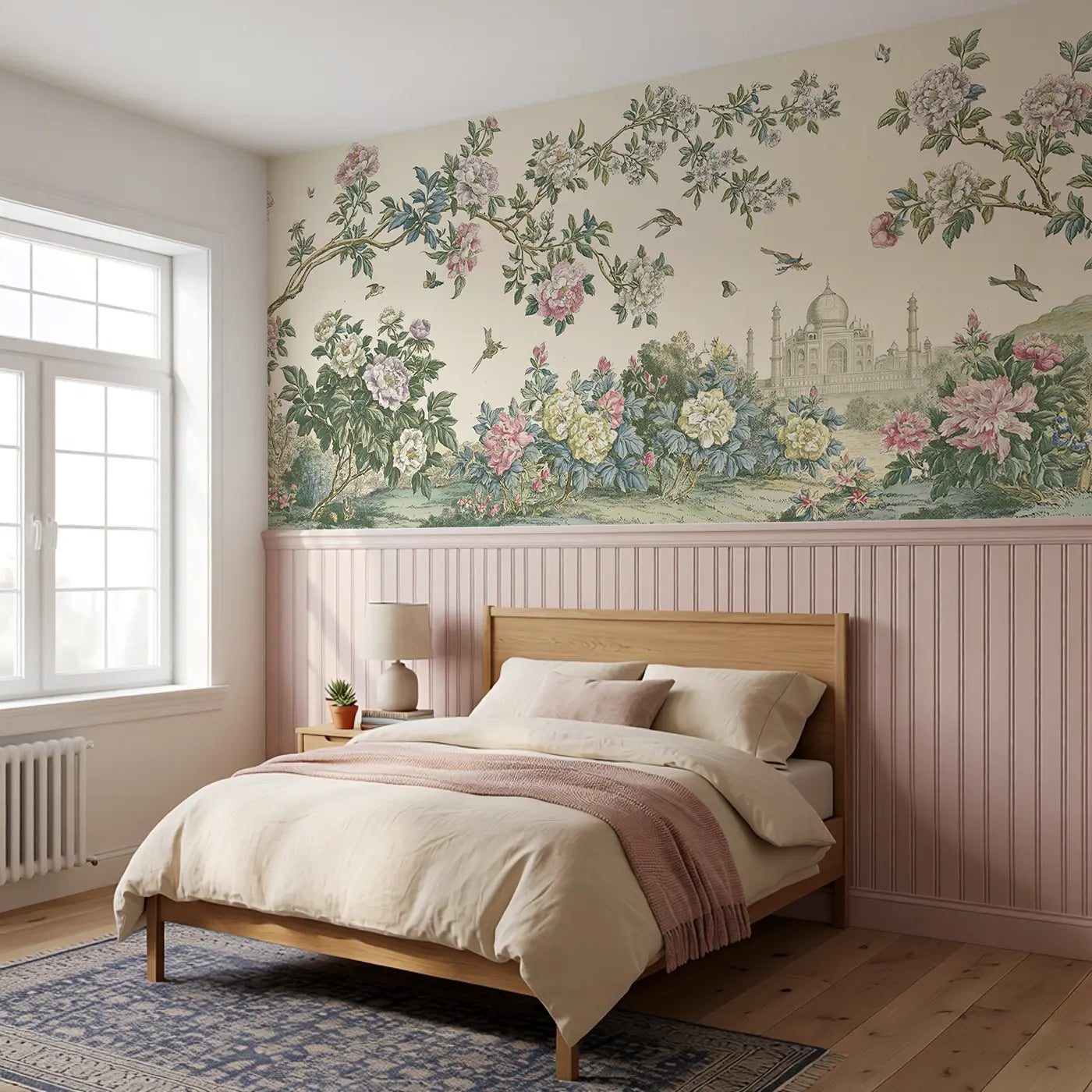 Taj Mahal Peony Garden Wainscoting Wallpaper styled in a kids bedroom by Whimsy Tots