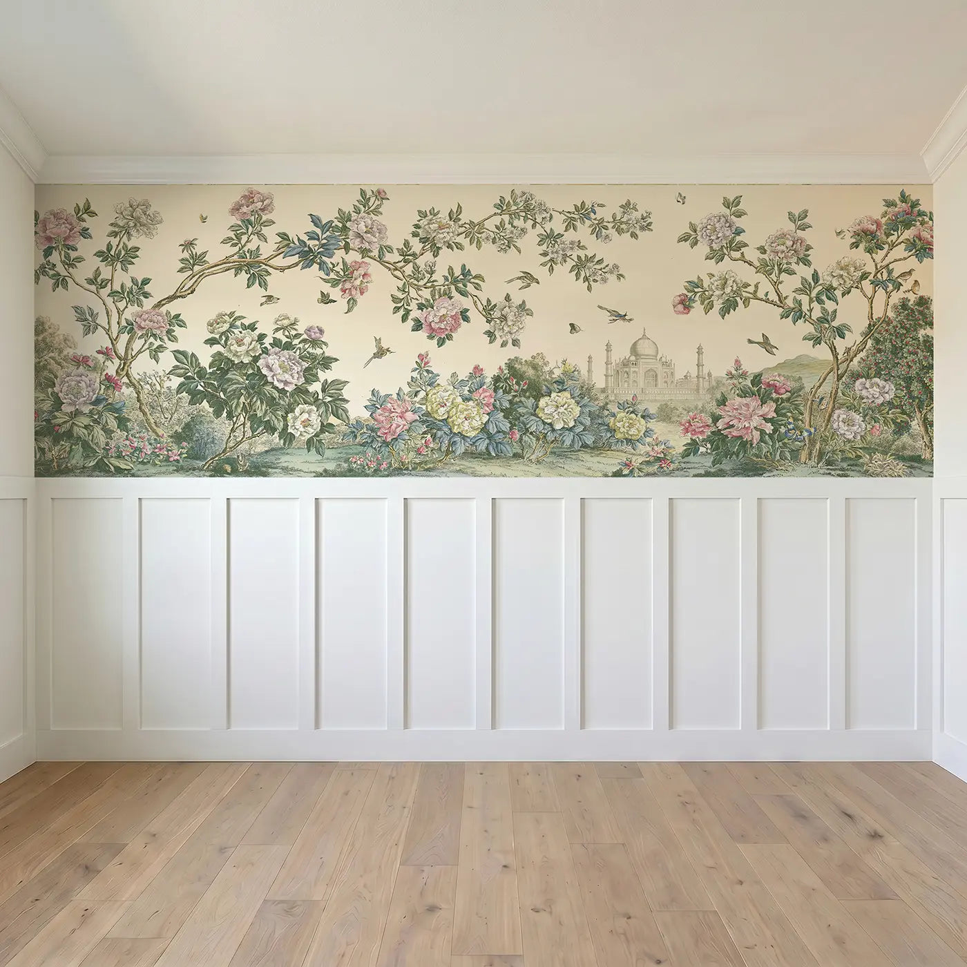 Full panel view of Taj Mahal Peony Garden Wainscoting Wallpaper by Whimsy Tots