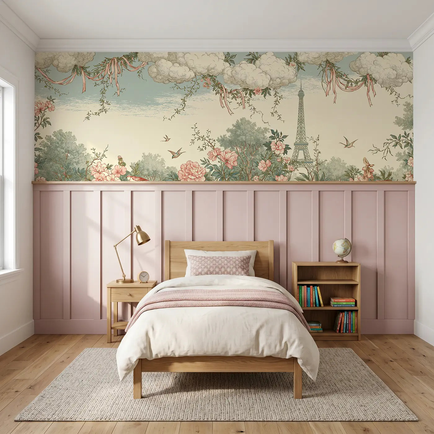 Botanical Elegance Eiffel Tower toile wainscoting wallpaper for bedroom by Whimsy Tots.