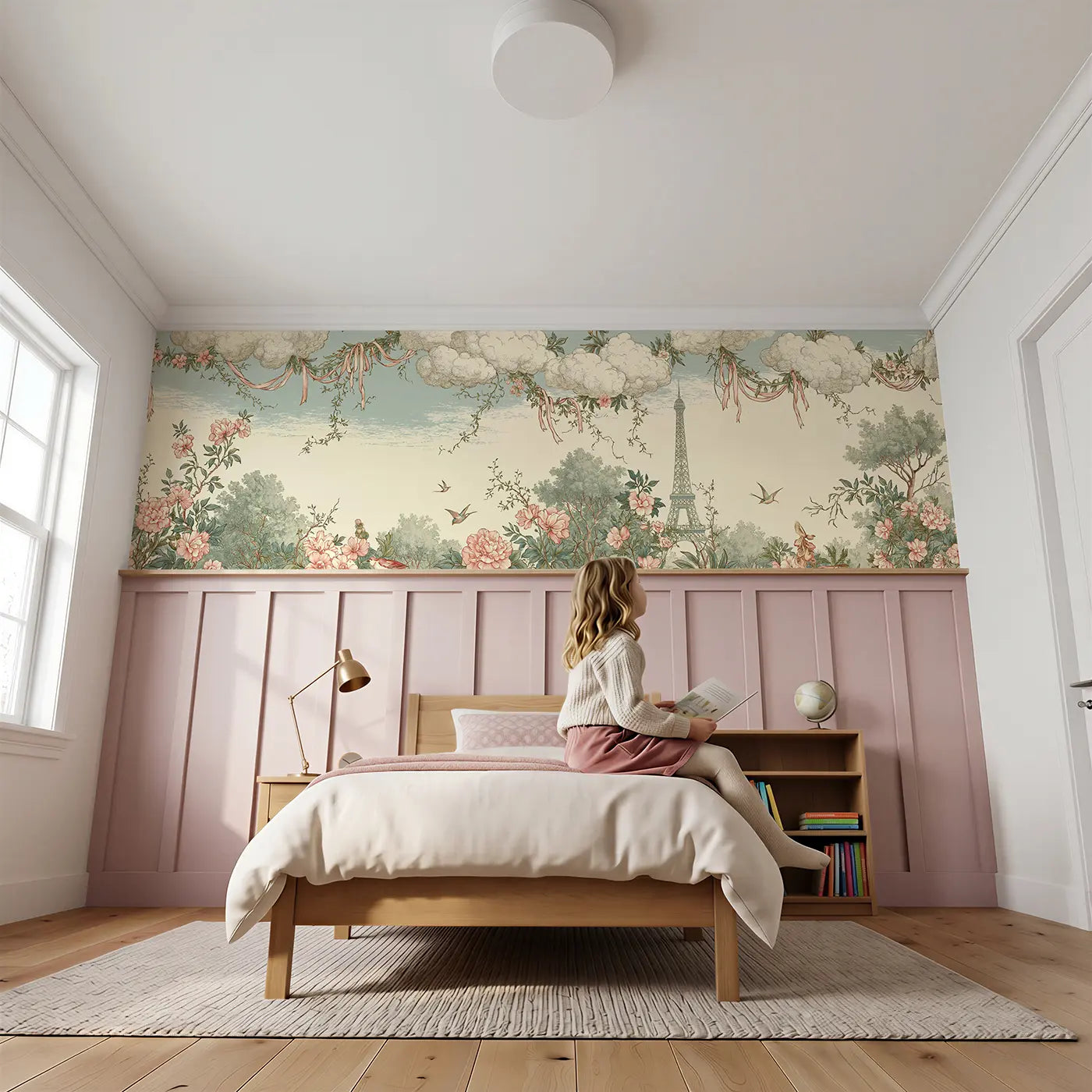 Child reading near Eiffel Tower Botanical Toile Wainscoting Wallpaper by Whimsy Tots