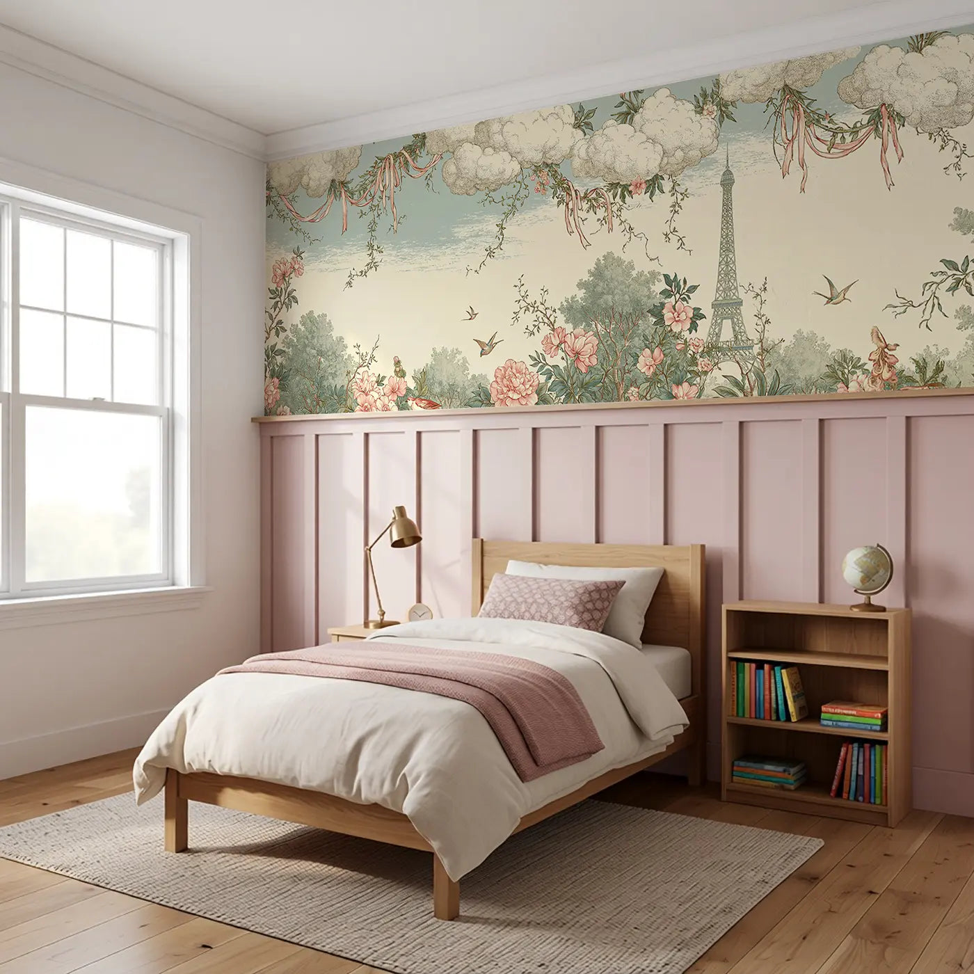 Eiffel Tower Botanical Toile Wainscoting Wallpaper styled in a kids bedroom by Whimsy Tots