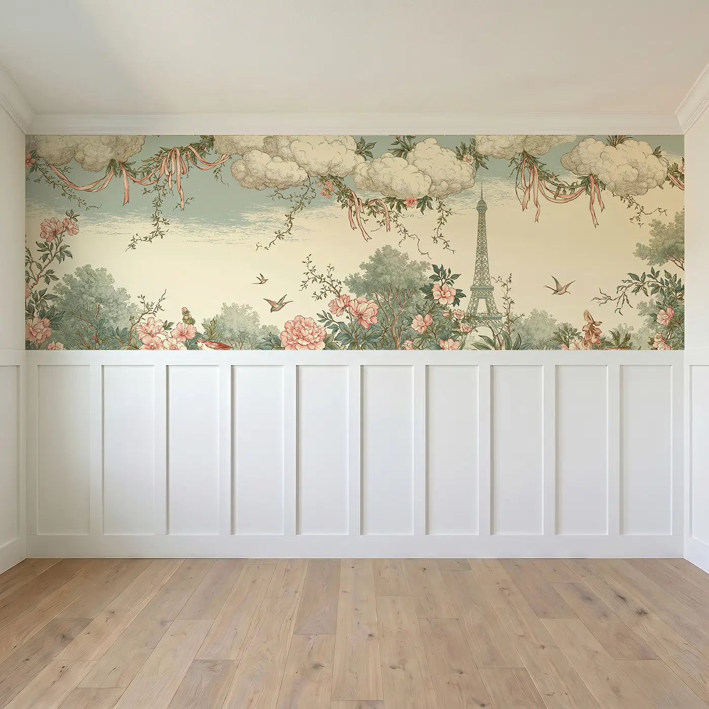Full panel view of Eiffel Tower Botanical Toile Wainscoting Wallpaper by Whimsy Tots