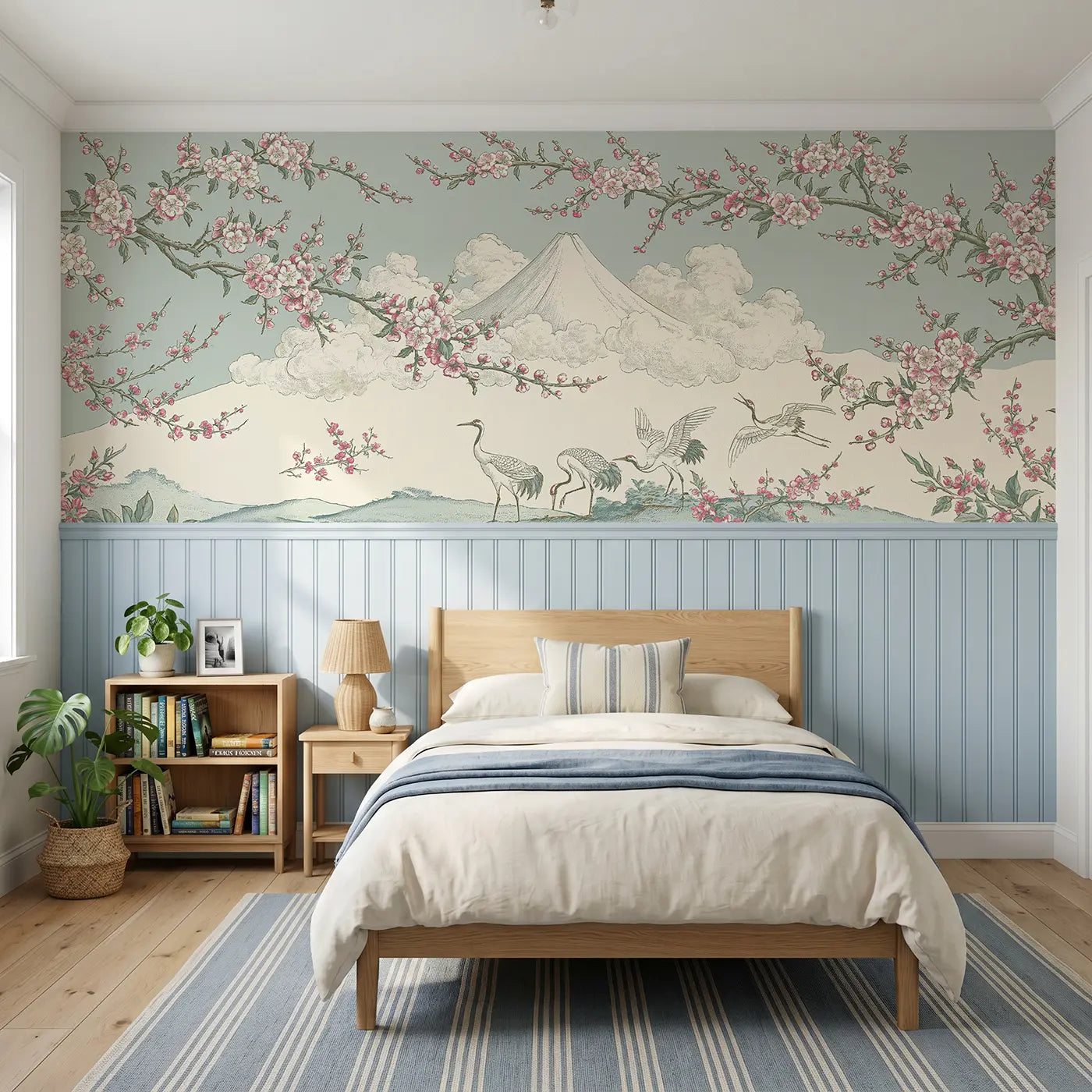 Botanical Elegance Mount Fuji plum blossom wainscoting wallpaper for bedroom by Whimsy Tots.