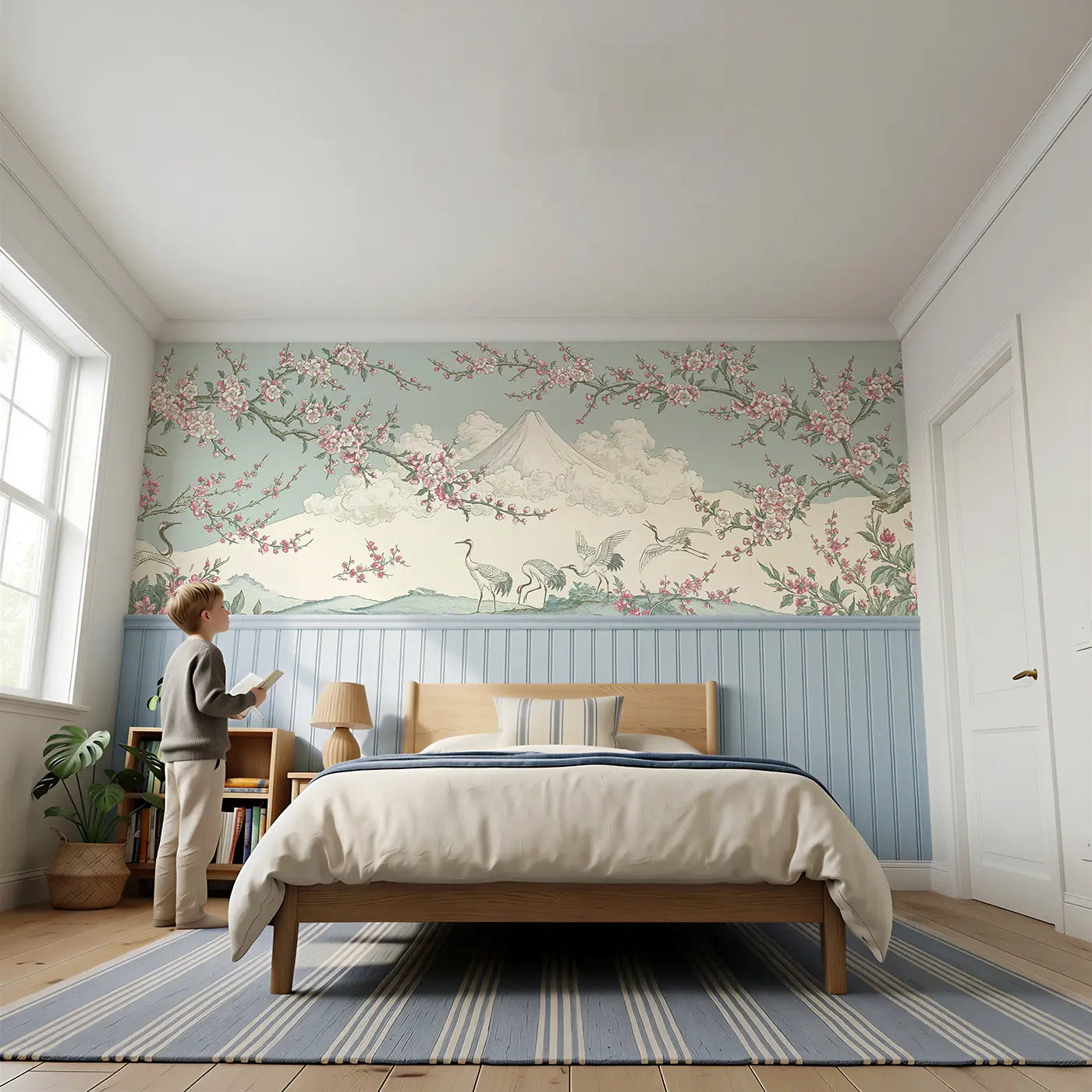 Child reading near Mount Fuji Plum Blossom Scroll Wainscoting Wallpaper by Whimsy Tots