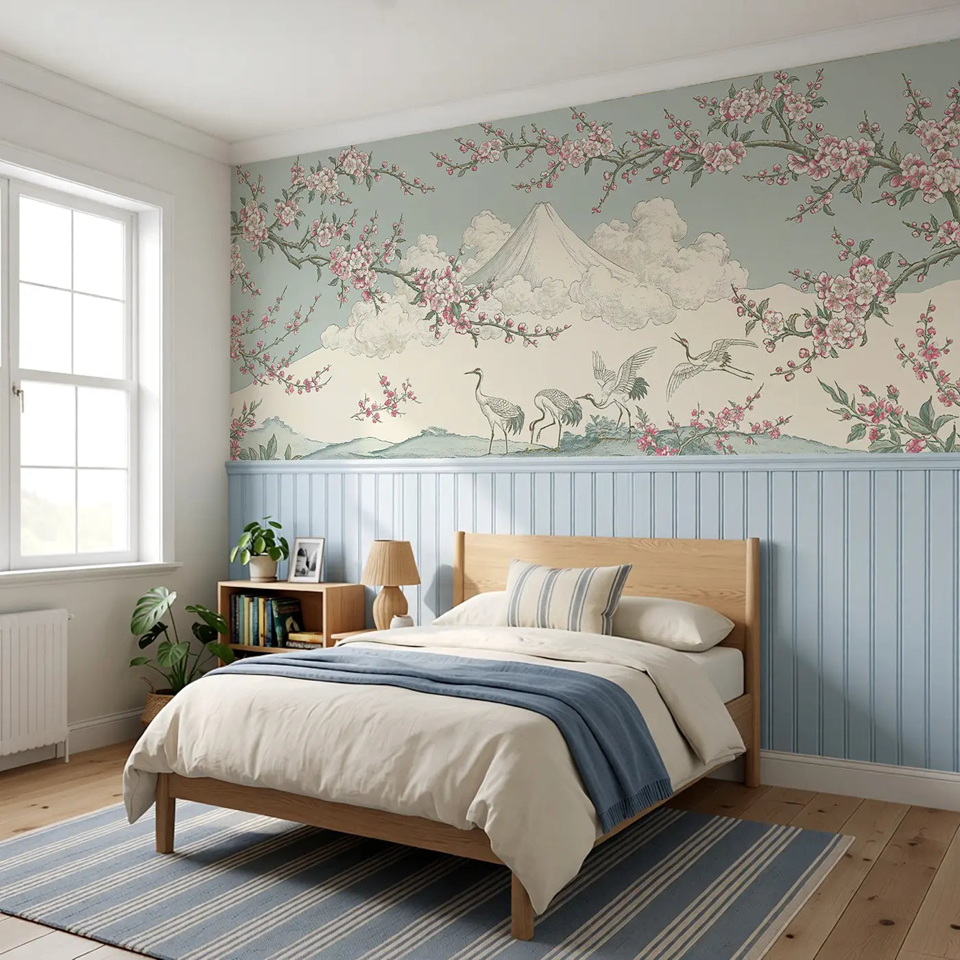 Mount Fuji Plum Blossom Scroll Wainscoting Wallpaper styled in a kids bedroom by Whimsy Tots