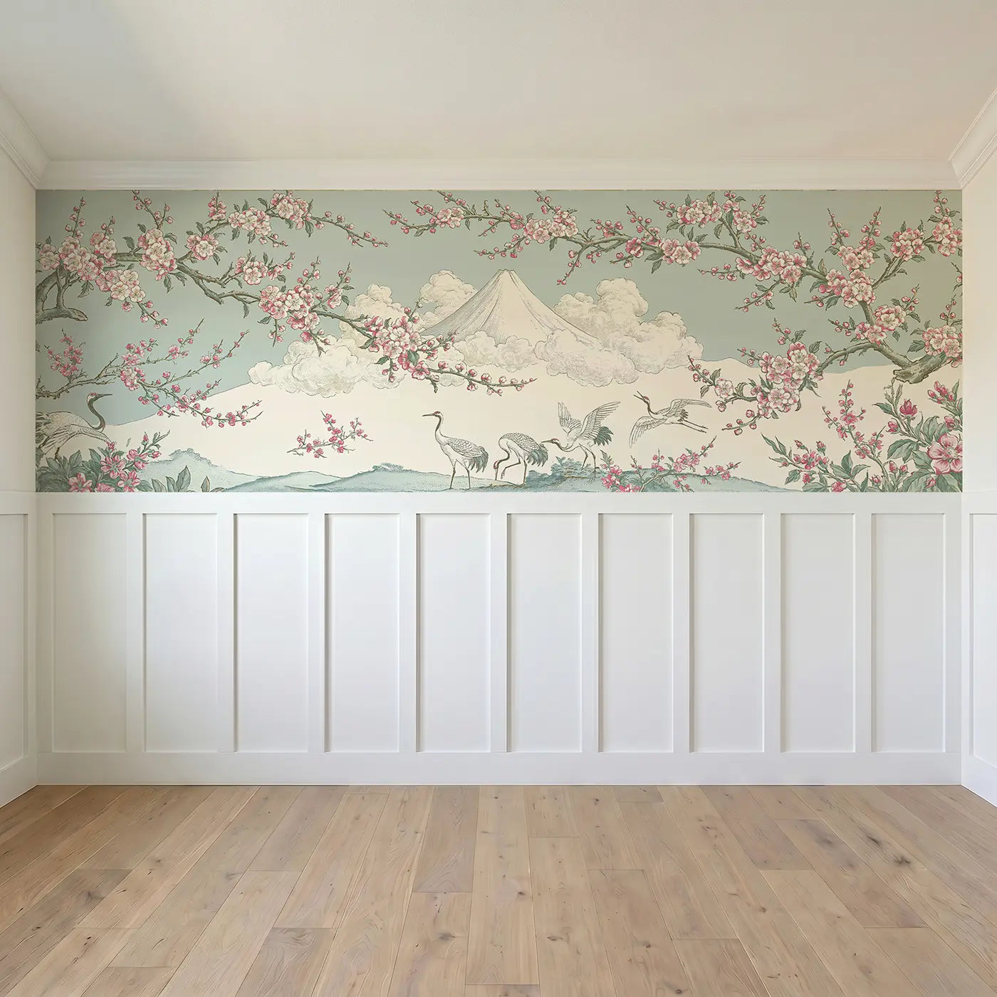 Full panel view of Mount Fuji Plum Blossom Scroll Wainscoting Wallpaper by Whimsy Tots