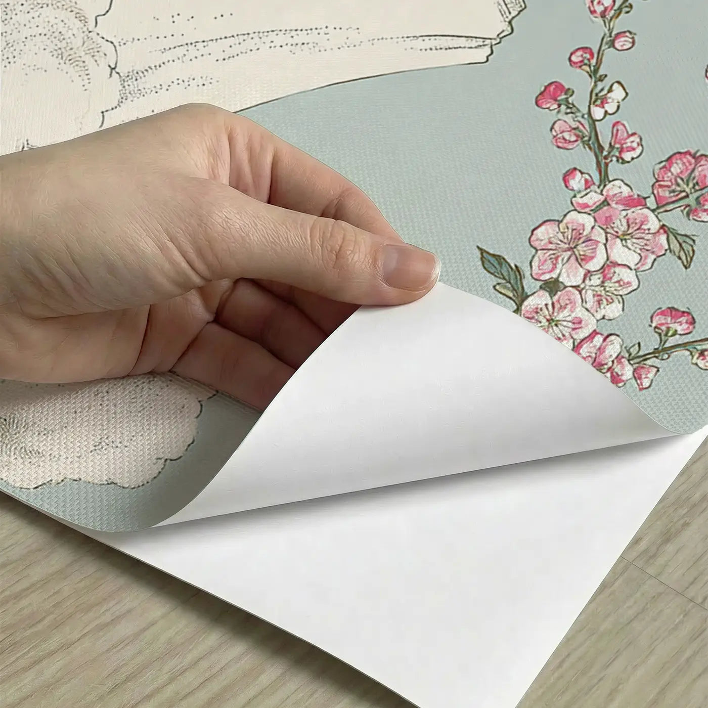 Peel-and-stick detail of Mount Fuji Plum Blossom Scroll Wainscoting Wallpaper by Whimsy Tots