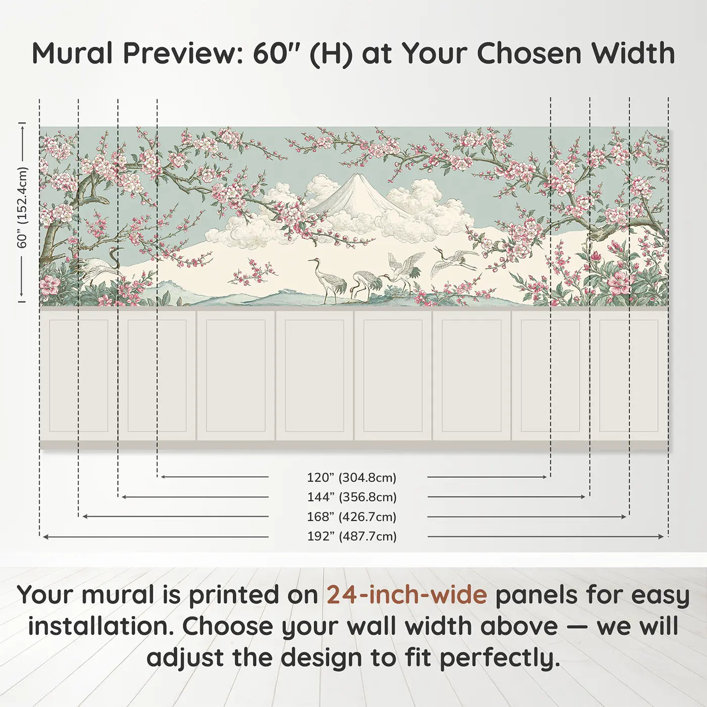 Panel dimensions for Mount Fuji Plum Blossom Scroll Wainscoting Wallpaper by Whimsy Tots