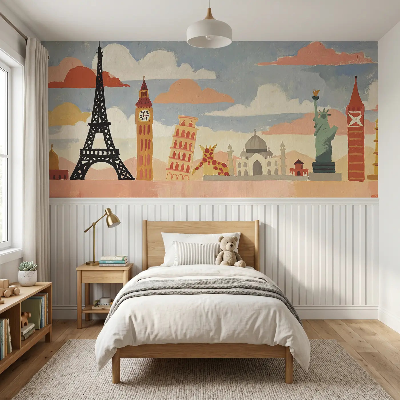 Modern Illustration world landmarks row wainscoting wallpaper for bedroom by Whimsy Tots.