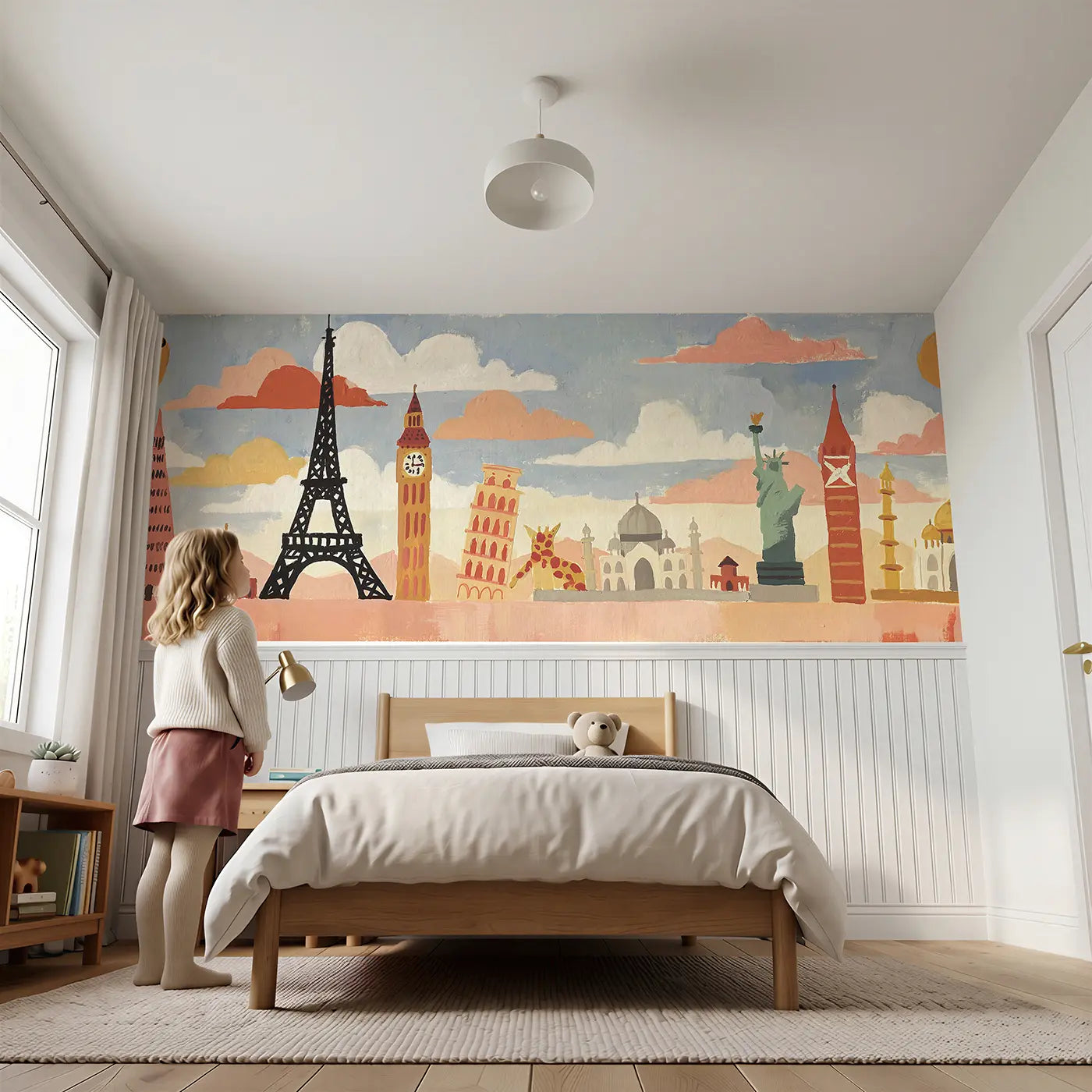 Child reading near Flat World Landmarks Row Wainscoting Wallpaper by Whimsy Tots