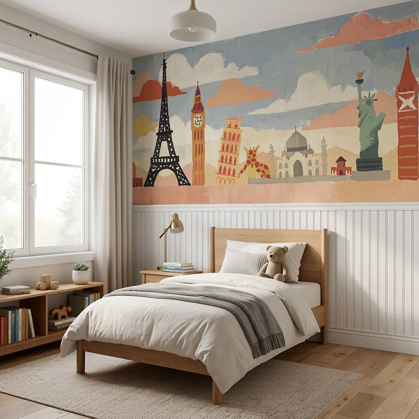 Flat World Landmarks Row Wainscoting Wallpaper styled in a kids bedroom by Whimsy Tots