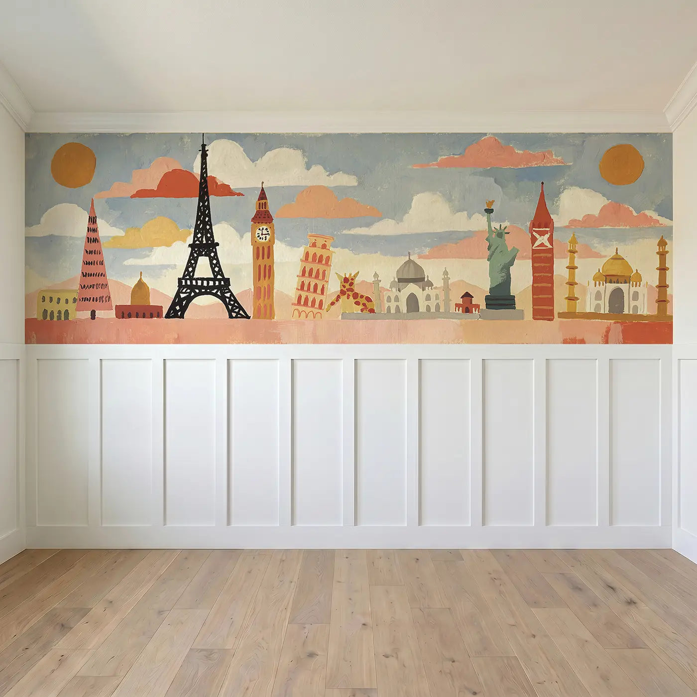 Full panel view of Flat World Landmarks Row Wainscoting Wallpaper by Whimsy Tots