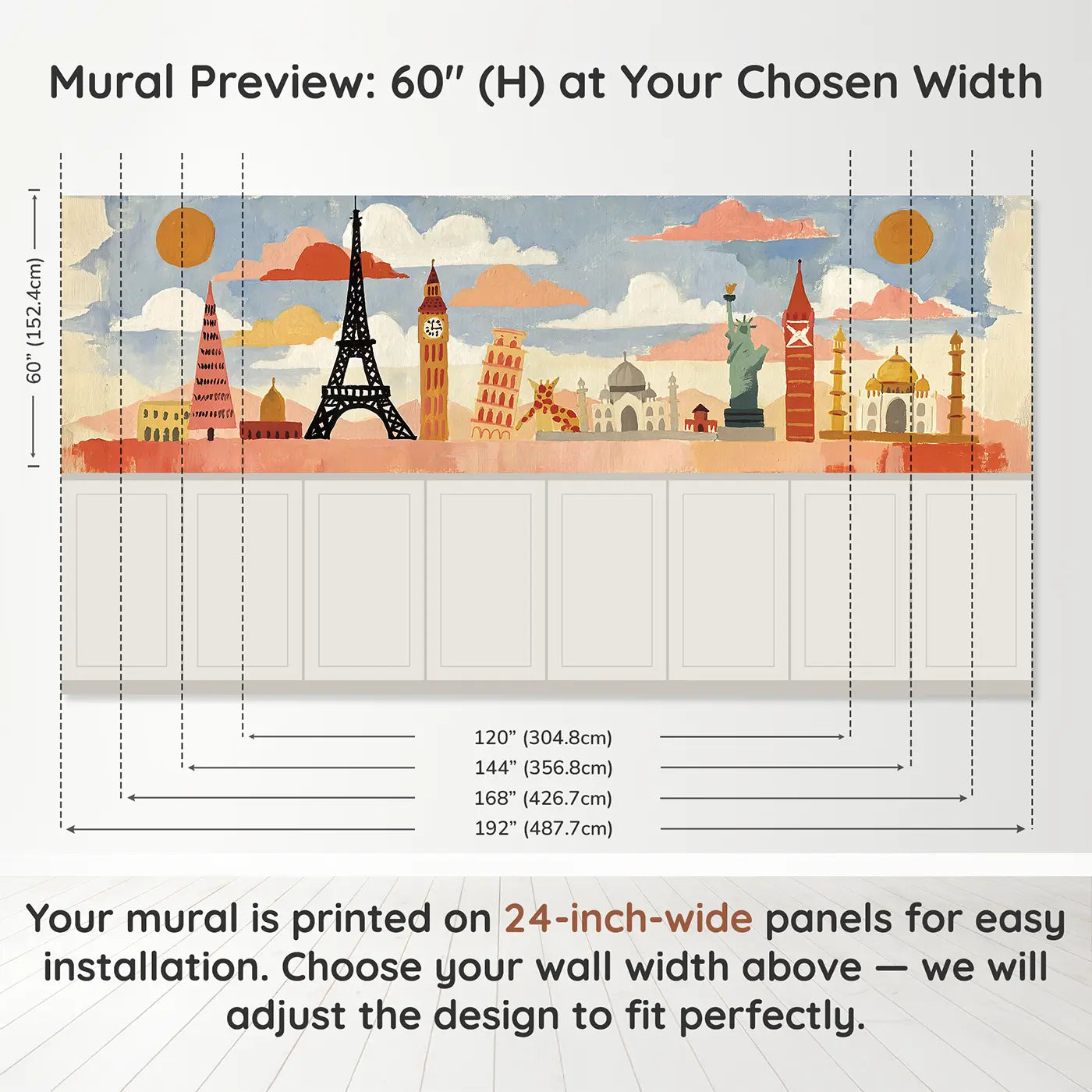 Panel dimensions for Flat World Landmarks Row Wainscoting Wallpaper by Whimsy Tots