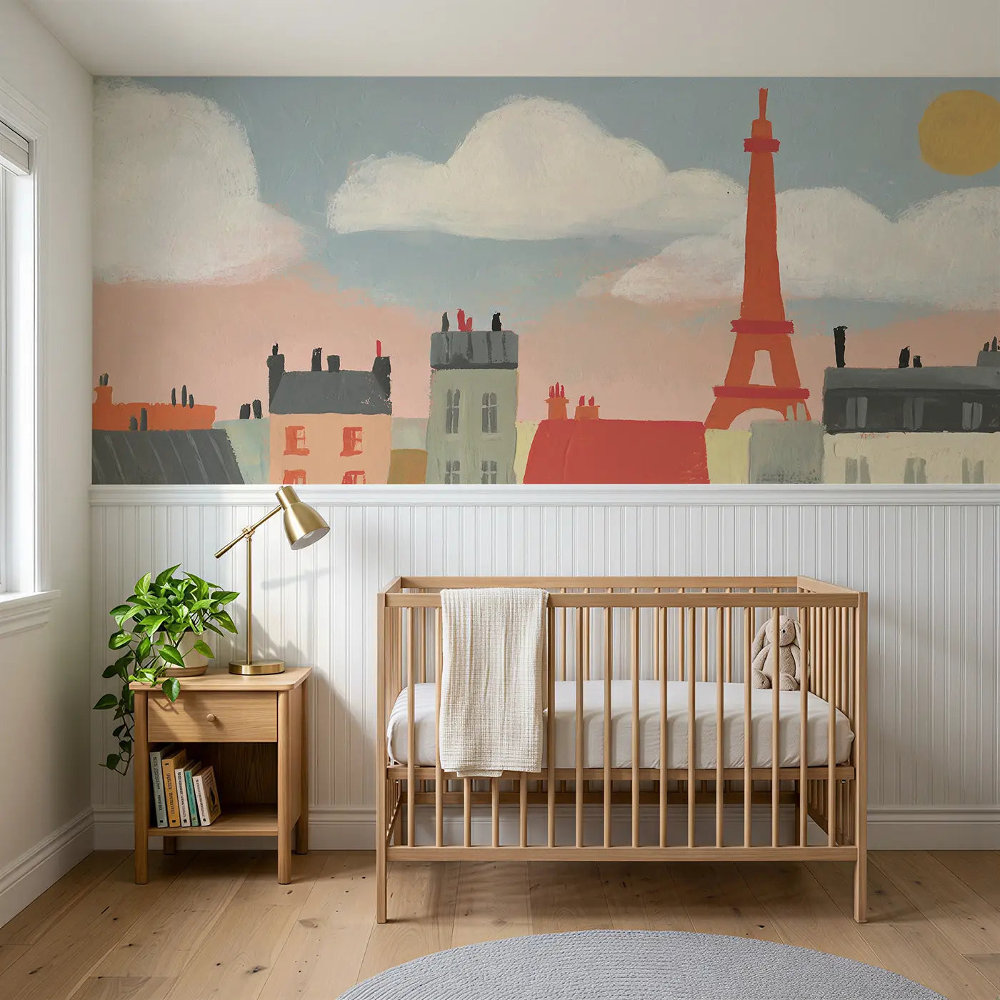 Modern Illustration Eiffel Tower bold wainscoting wallpaper for nursery by Whimsy Tots.