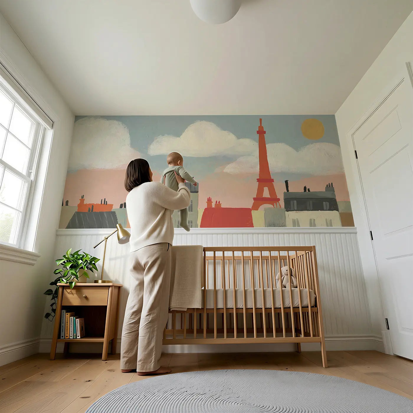 Child reading near Bold Eiffel Tower Paris Wainscoting Wallpaper by Whimsy Tots
