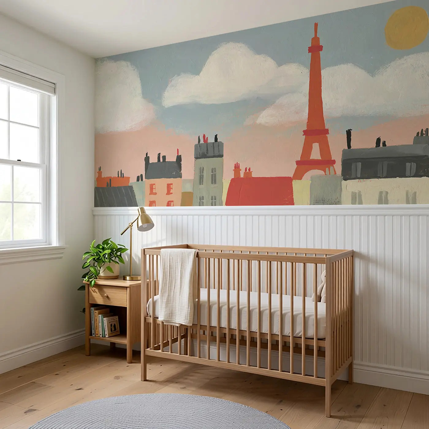 Bold Eiffel Tower Paris Wainscoting Wallpaper styled in a kids bedroom by Whimsy Tots
