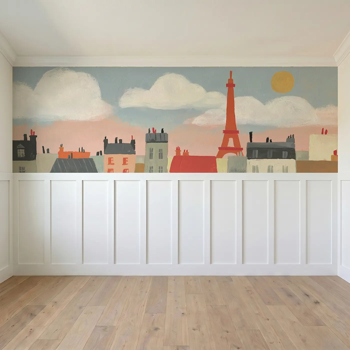 Full panel view of Bold Eiffel Tower Paris Wainscoting Wallpaper by Whimsy Tots