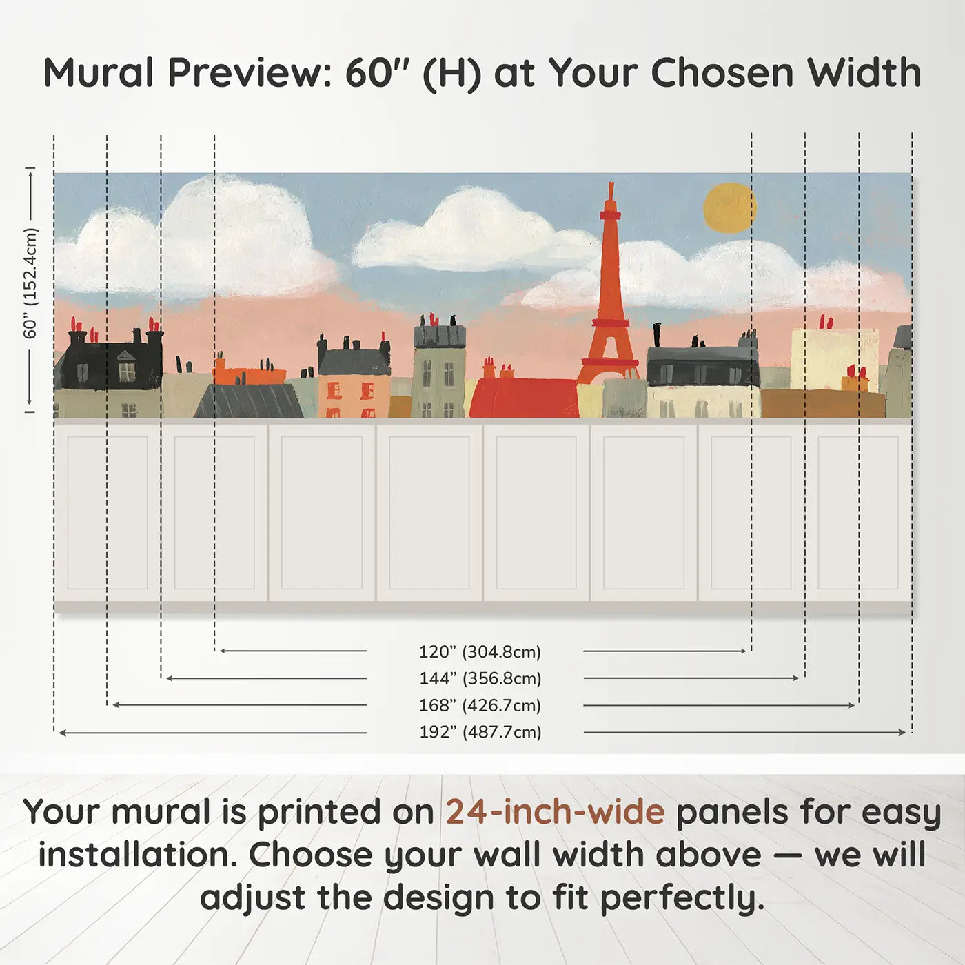 Panel dimensions for Bold Eiffel Tower Paris Wainscoting Wallpaper by Whimsy Tots