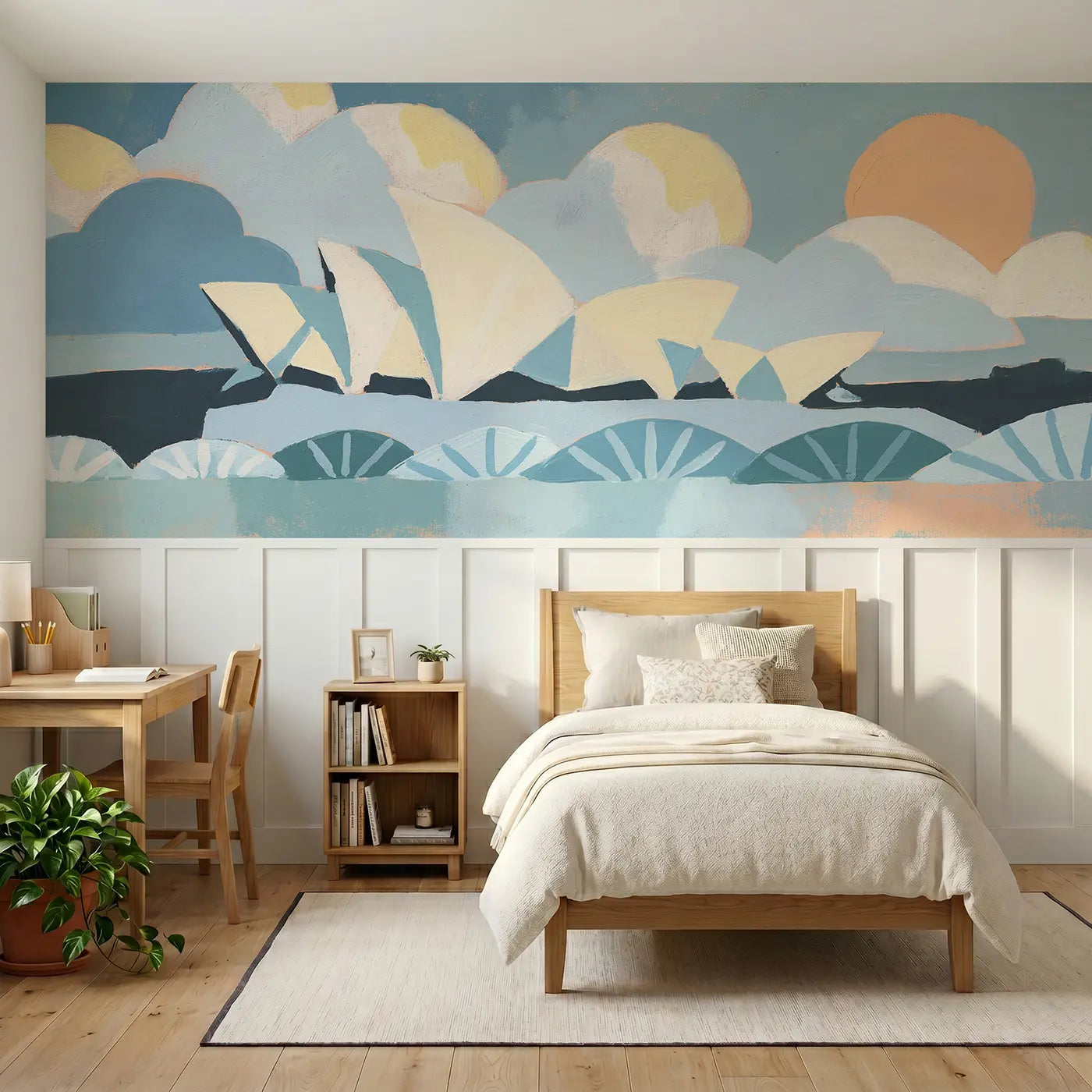 Modern Illustration Sydney Opera flat wainscoting wallpaper for bedroom by Whimsy Tots.