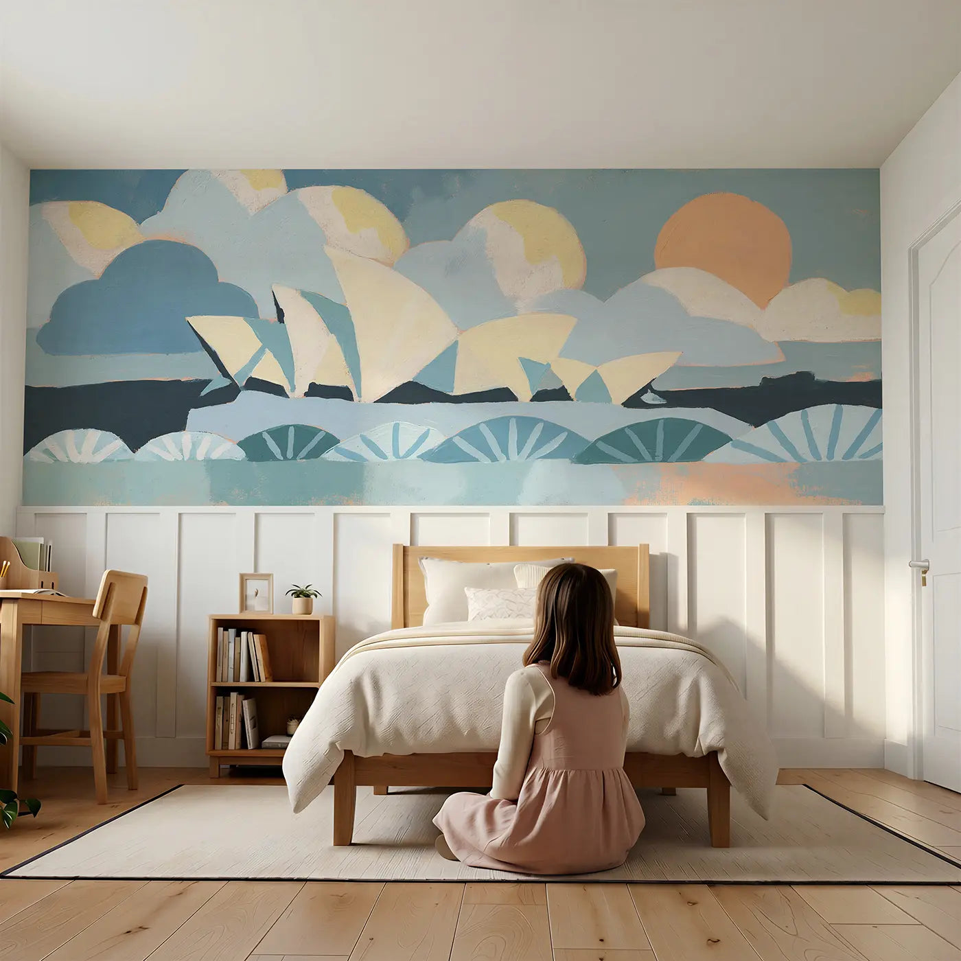 Child reading near Graphic Sydney Opera Flat Wainscoting Wallpaper by Whimsy Tots