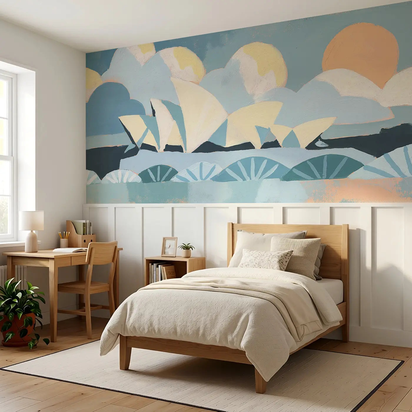 Graphic Sydney Opera Flat Wainscoting Wallpaper styled in a kids bedroom by Whimsy Tots