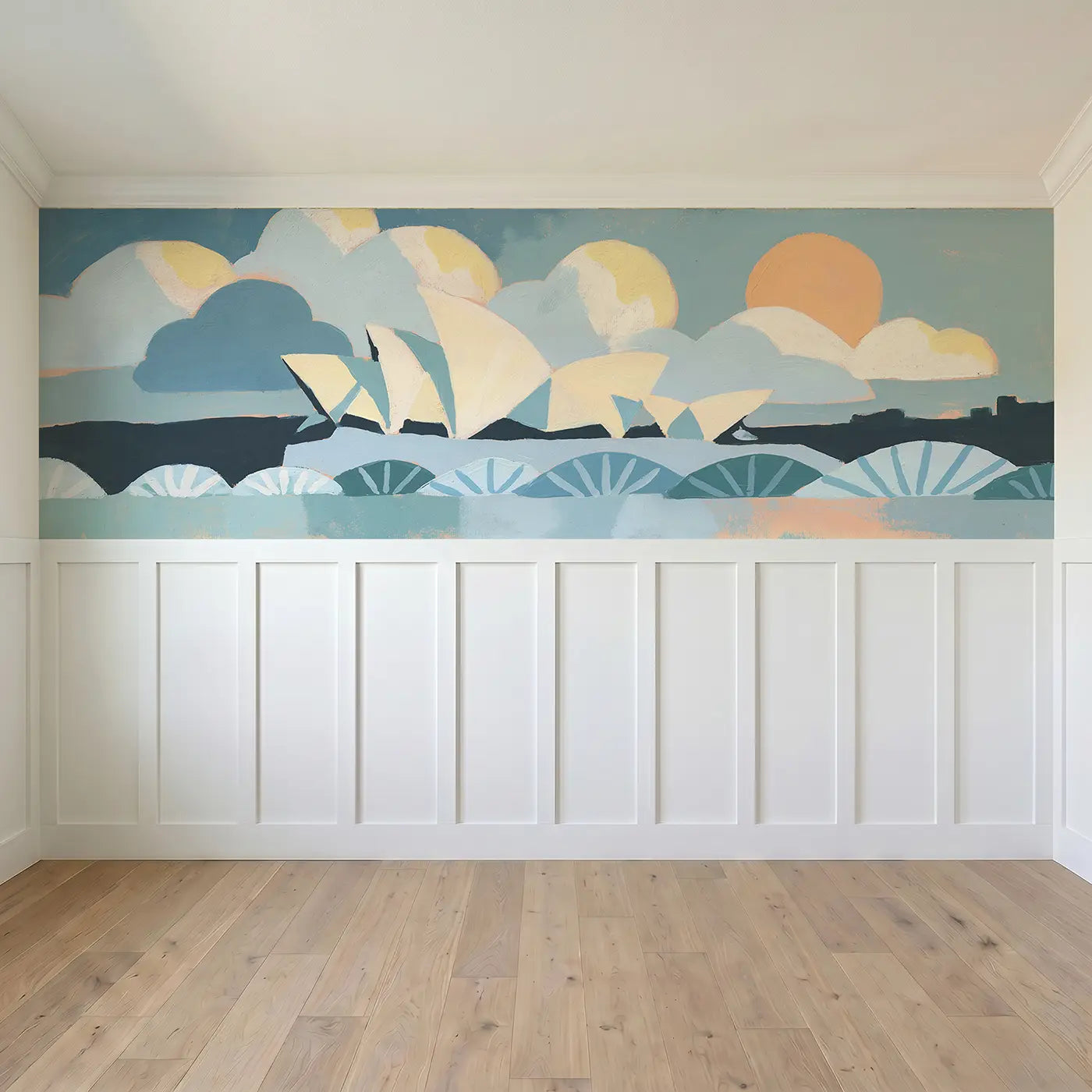 Full panel view of Graphic Sydney Opera Flat Wainscoting Wallpaper by Whimsy Tots