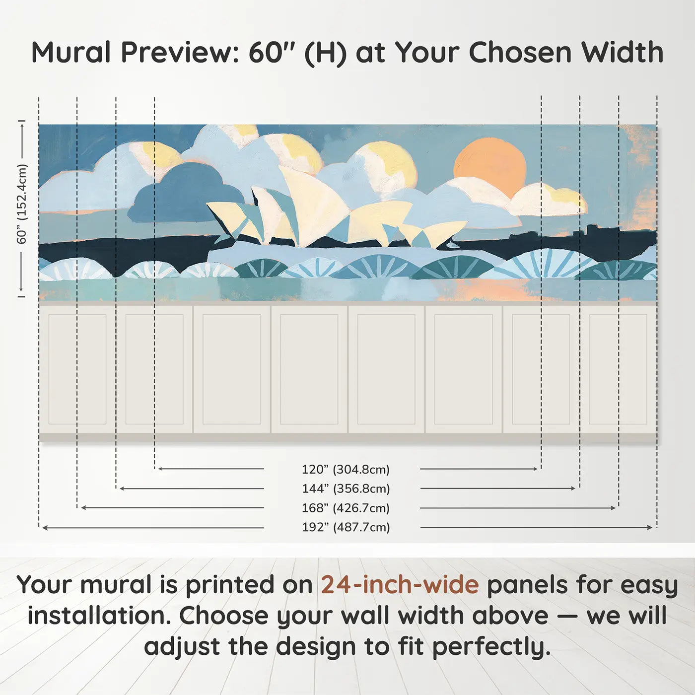 Panel dimensions for Graphic Sydney Opera Flat Wainscoting Wallpaper by Whimsy Tots