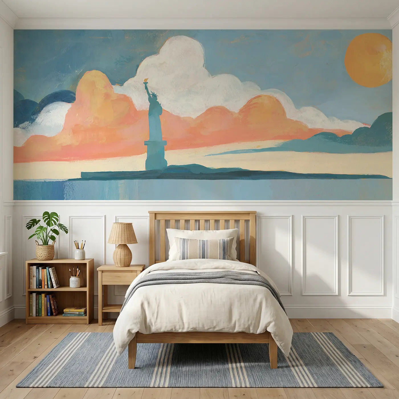 Modern Illustration Statue Liberty proud wainscoting wallpaper for bedroom by Whimsy Tots.