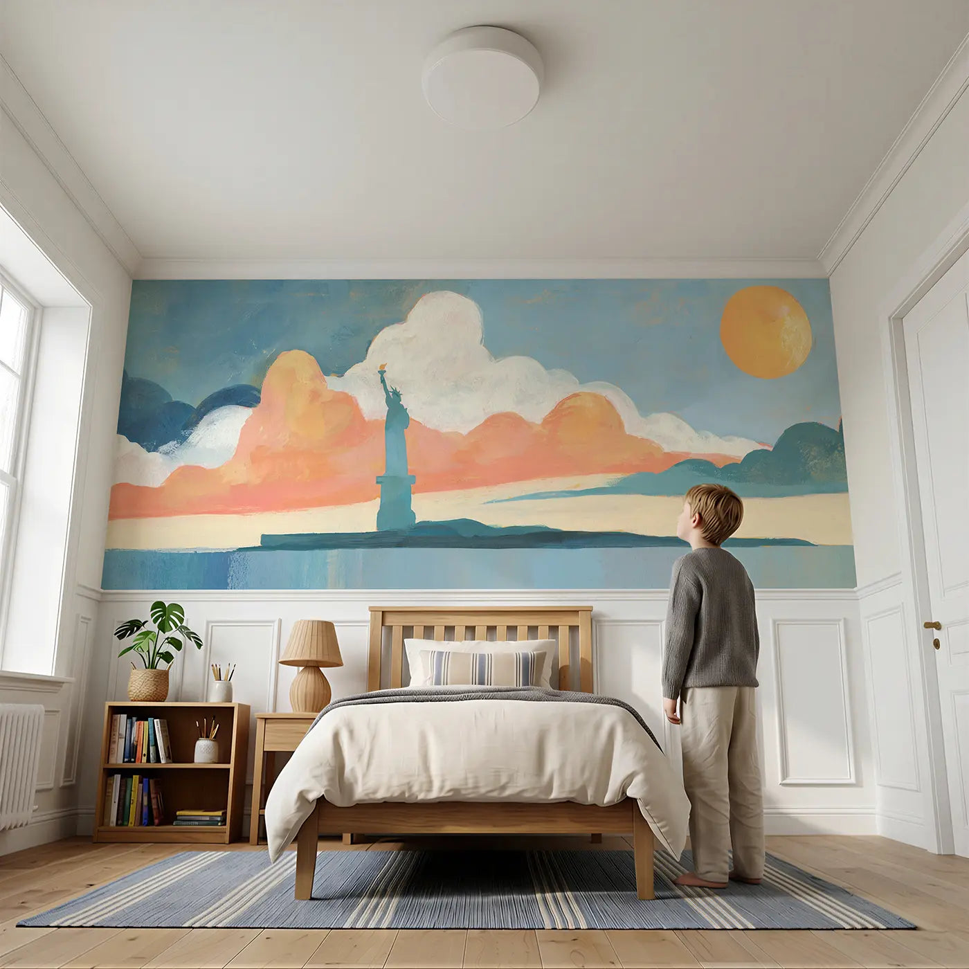 Child reading near Flat Statue Liberty Proud Wainscoting Wallpaper by Whimsy Tots