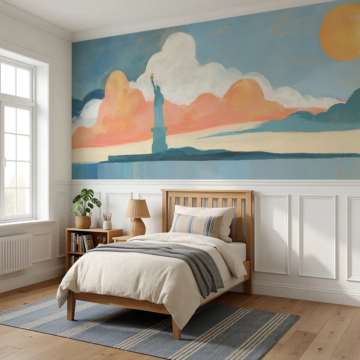 Flat Statue Liberty Proud Wainscoting Wallpaper styled in a kids bedroom by Whimsy Tots
