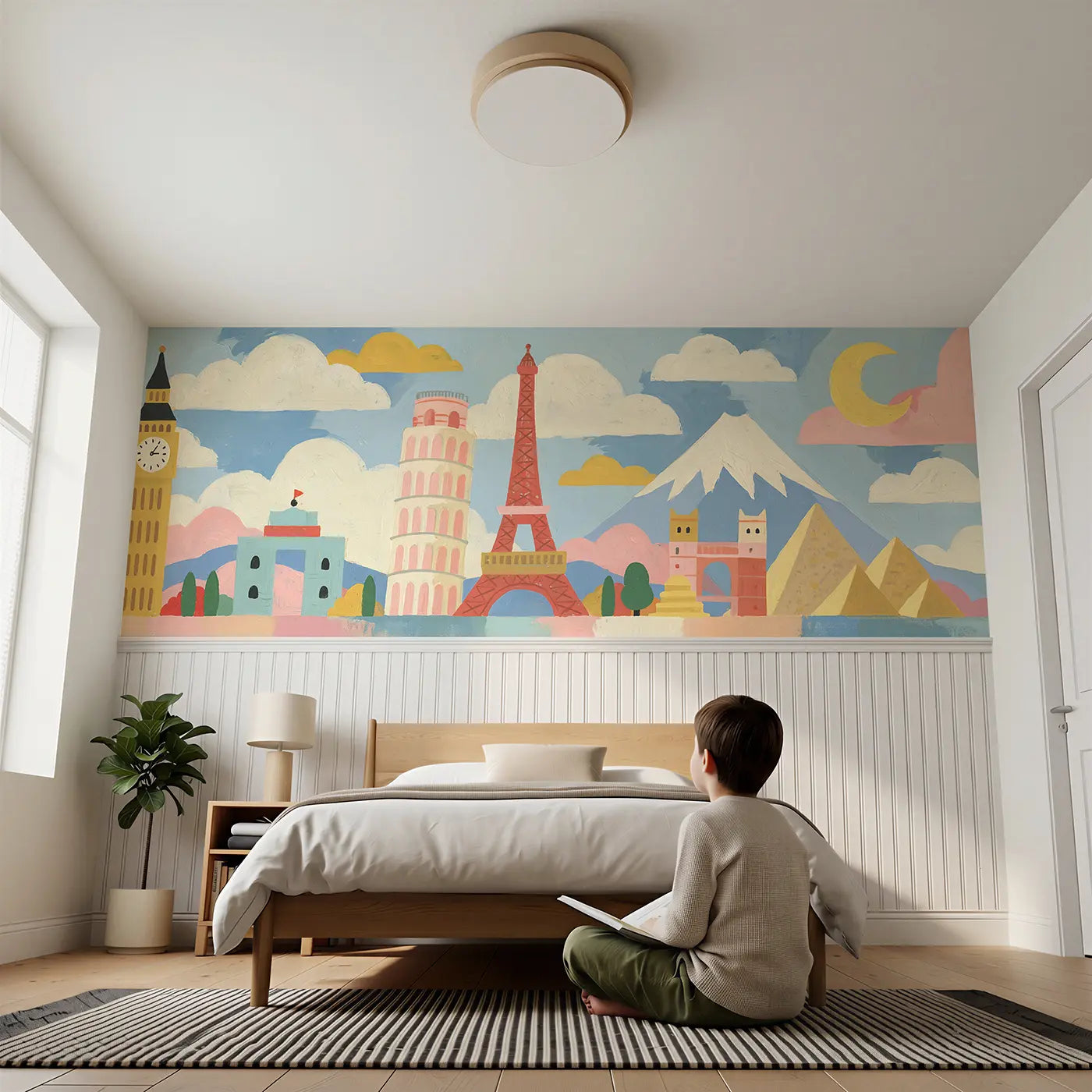 Child reading near Scandi Landmarks Parade Wainscoting Wallpaper by Whimsy Tots
