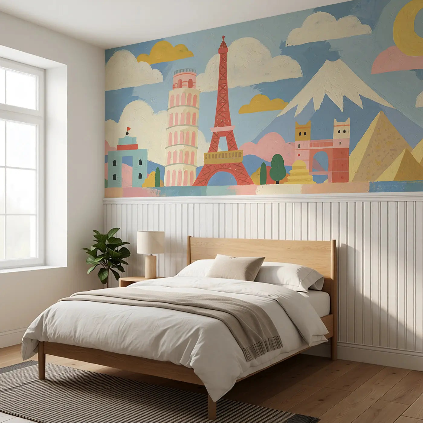 Scandi Landmarks Parade Wainscoting Wallpaper styled in a kids bedroom by Whimsy Tots