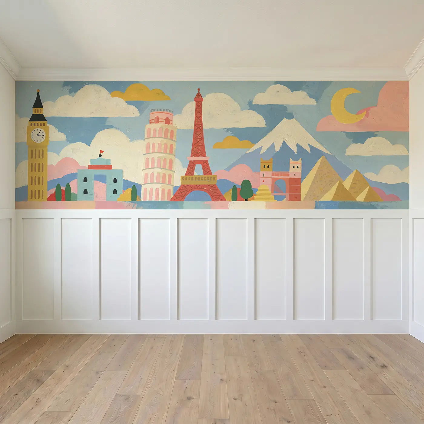 Full panel view of Scandi Landmarks Parade Wainscoting Wallpaper by Whimsy Tots