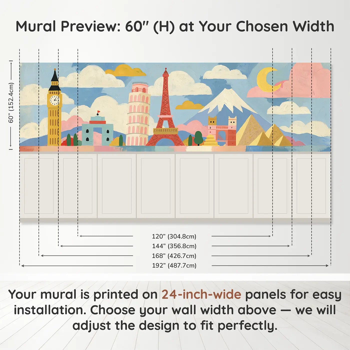 Panel dimensions for Scandi Landmarks Parade Wainscoting Wallpaper by Whimsy Tots