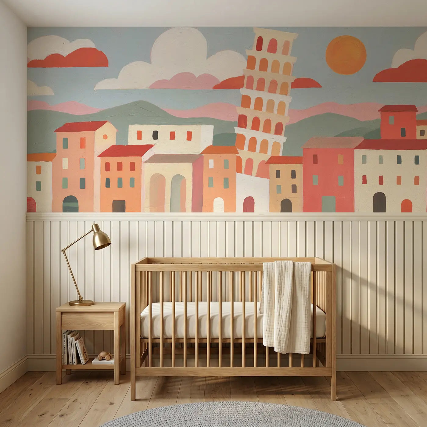 Modern Illustration Pisa leaning tower wainscoting wallpaper for nursery by Whimsy Tots.