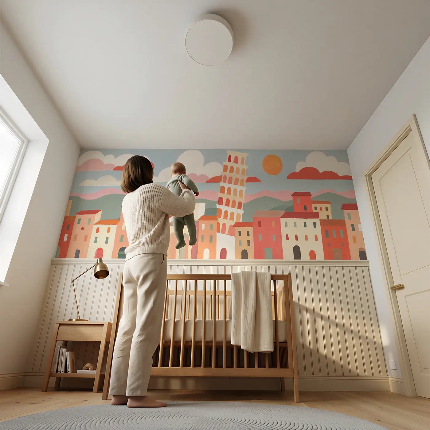 Child reading near Bold Pisa Leaning Tower Wainscoting Wallpaper by Whimsy Tots