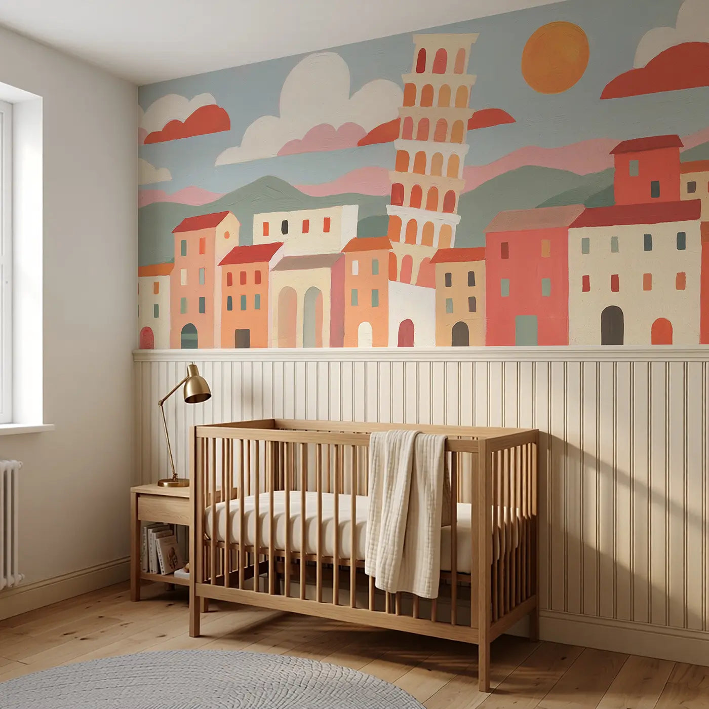 Bold Pisa Leaning Tower Wainscoting Wallpaper styled in a kids bedroom by Whimsy Tots