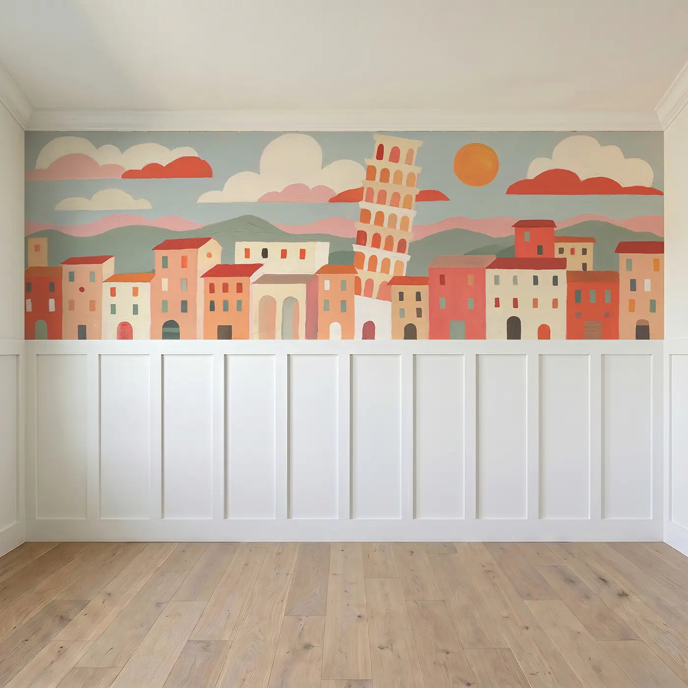 Full panel view of Bold Pisa Leaning Tower Wainscoting Wallpaper by Whimsy Tots