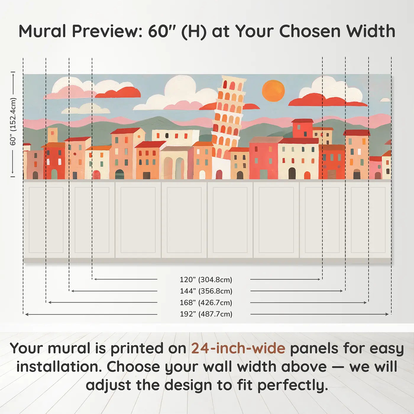 Panel dimensions for Bold Pisa Leaning Tower Wainscoting Wallpaper by Whimsy Tots