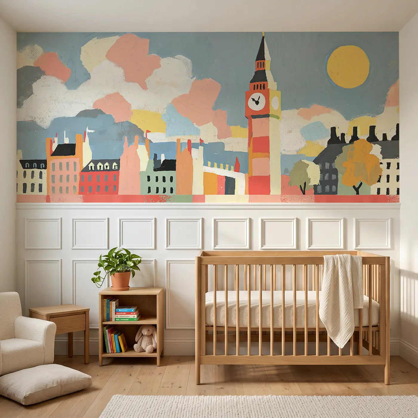 Modern Illustration Big Ben bold wainscoting wallpaper for nursery by Whimsy Tots.