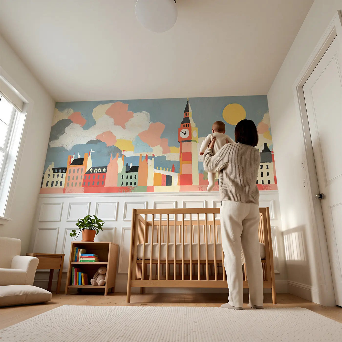 Child reading near Graphic Big Ben Bold Wainscoting Wallpaper by Whimsy Tots