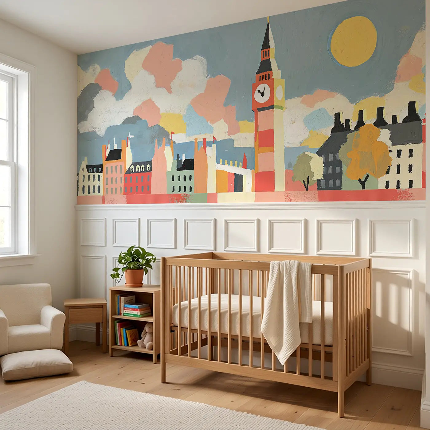 Graphic Big Ben Bold Wainscoting Wallpaper styled in a kids bedroom by Whimsy Tots