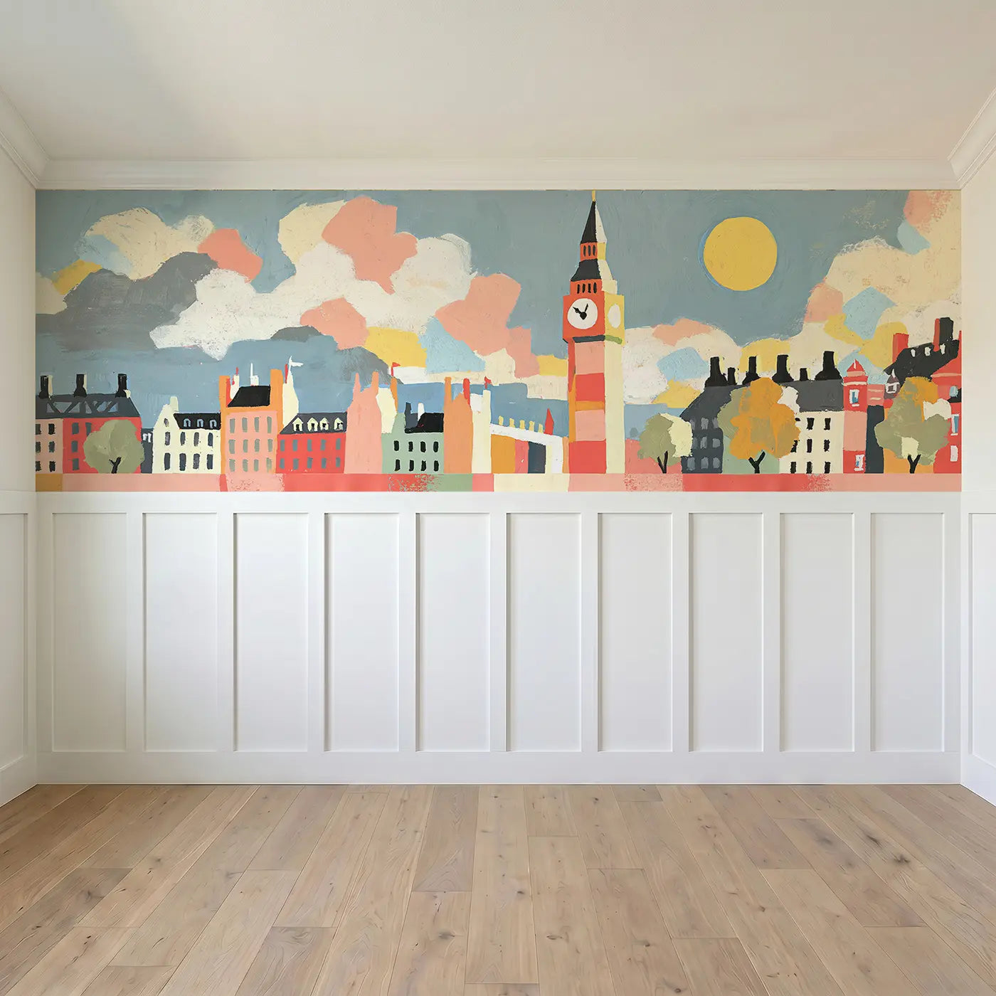 Full panel view of Graphic Big Ben Bold Wainscoting Wallpaper by Whimsy Tots