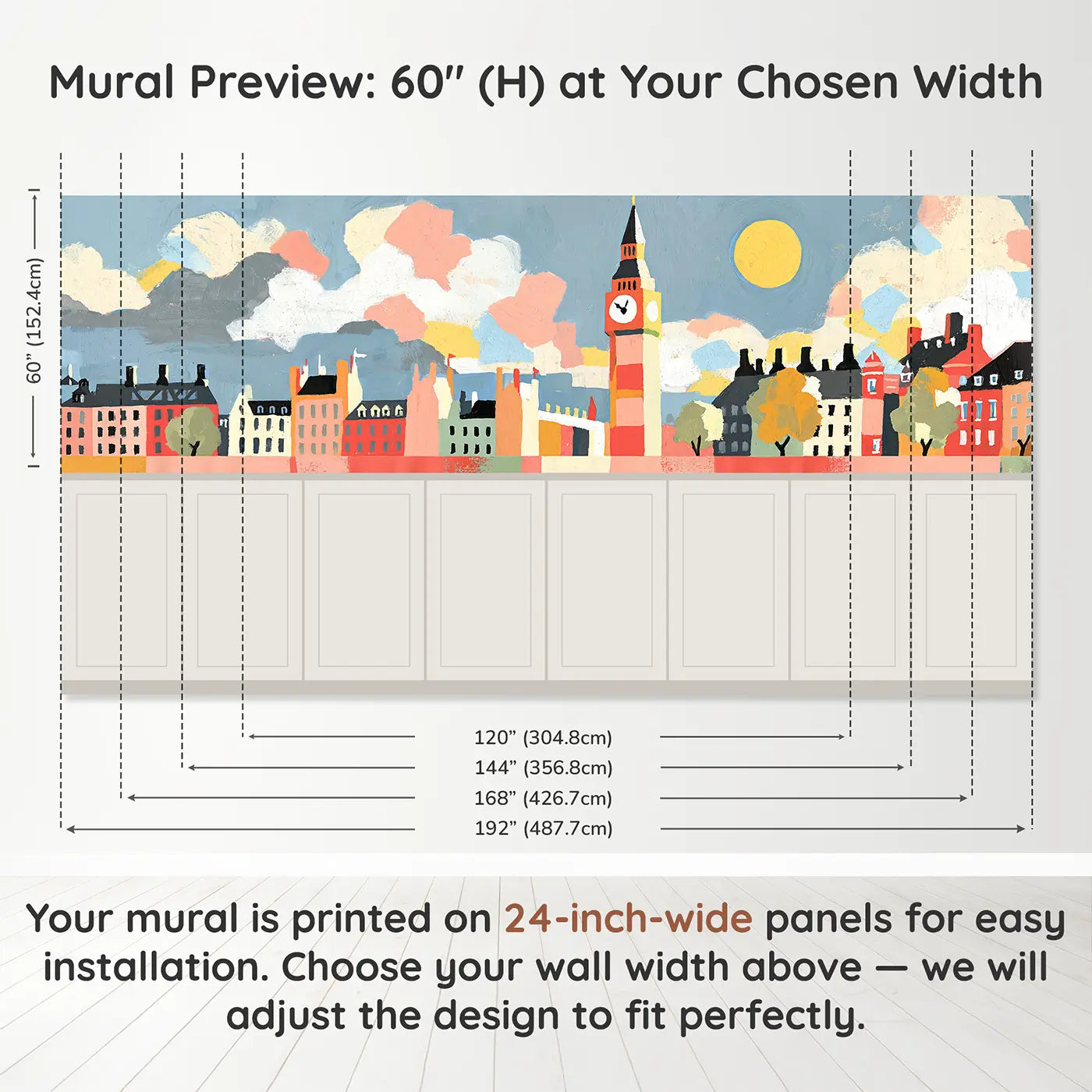 Panel dimensions for Graphic Big Ben Bold Wainscoting Wallpaper by Whimsy Tots