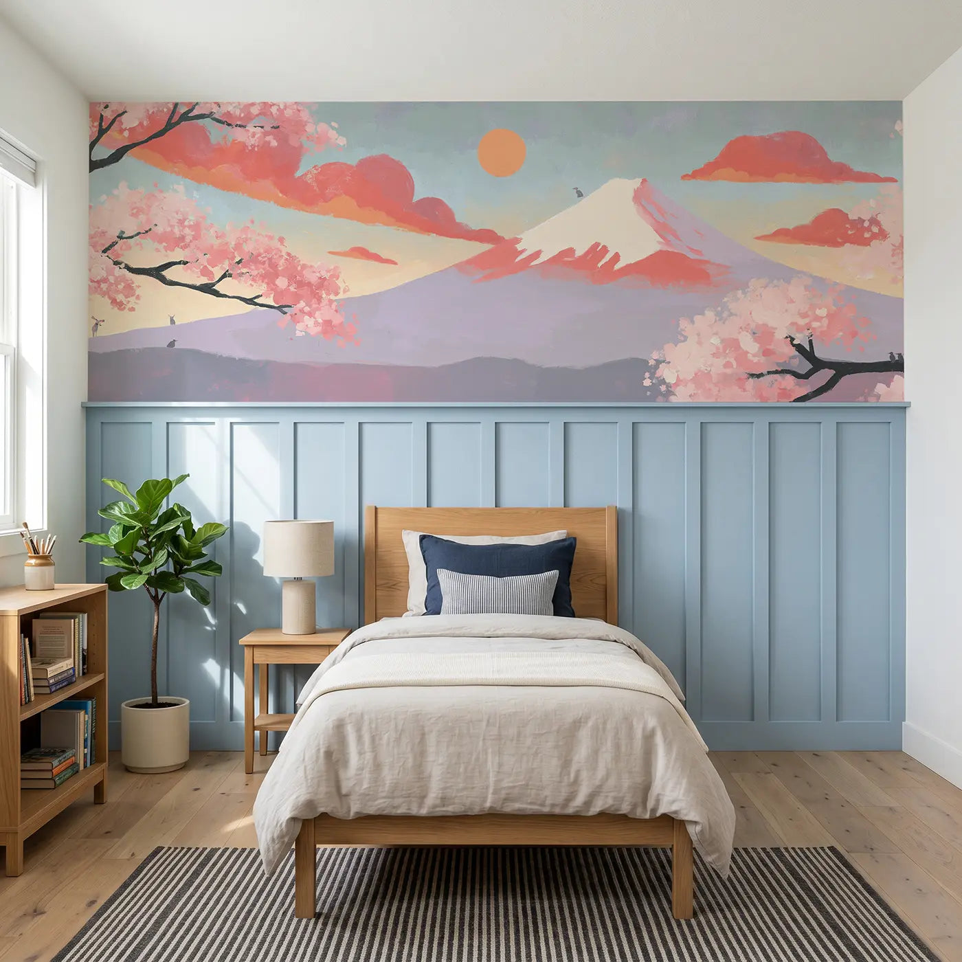 Modern Illustration Mount Fuji Scandi wainscoting wallpaper for bedroom by Whimsy Tots.