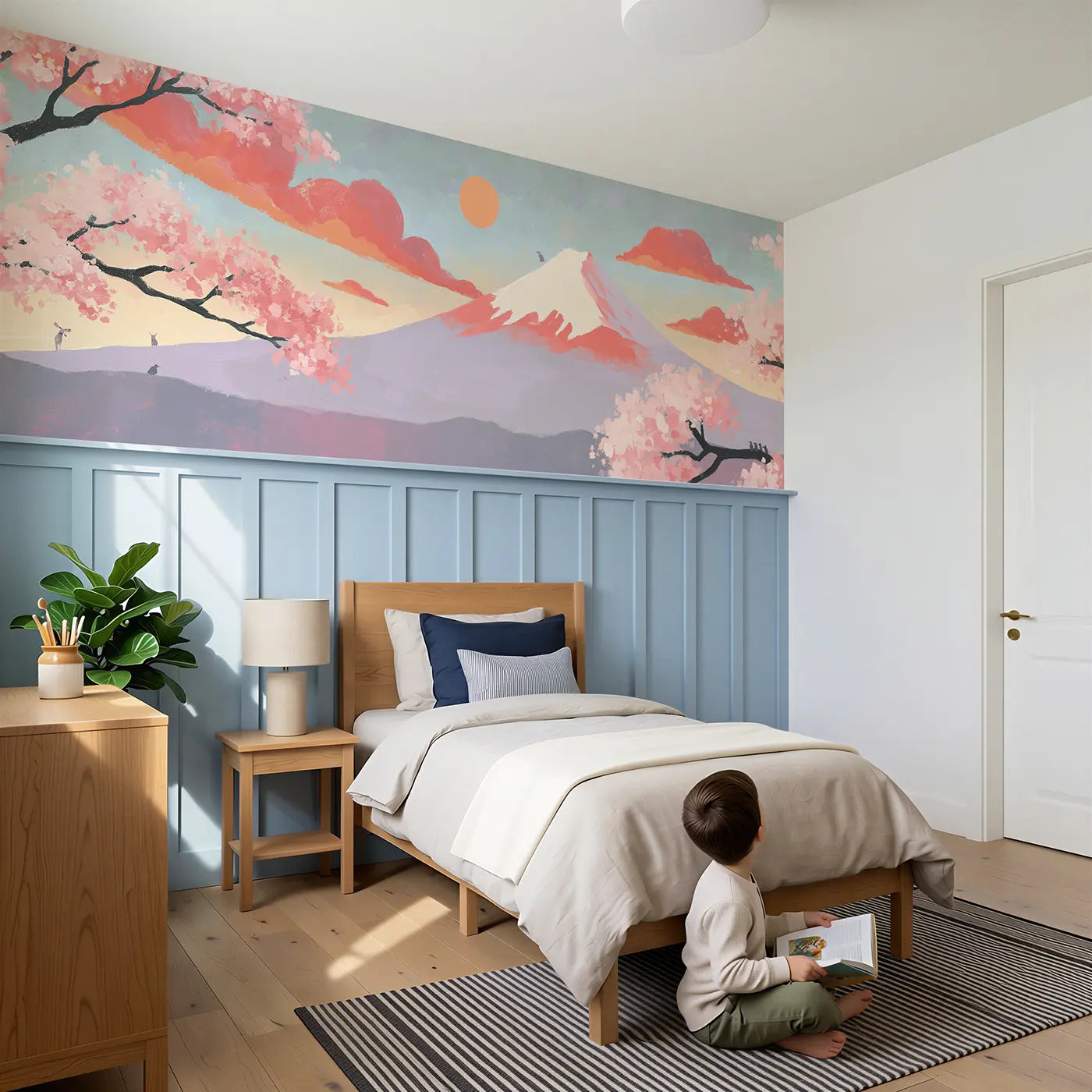 Child reading near Flat Mount Fuji Scandi Wainscoting Wallpaper by Whimsy Tots