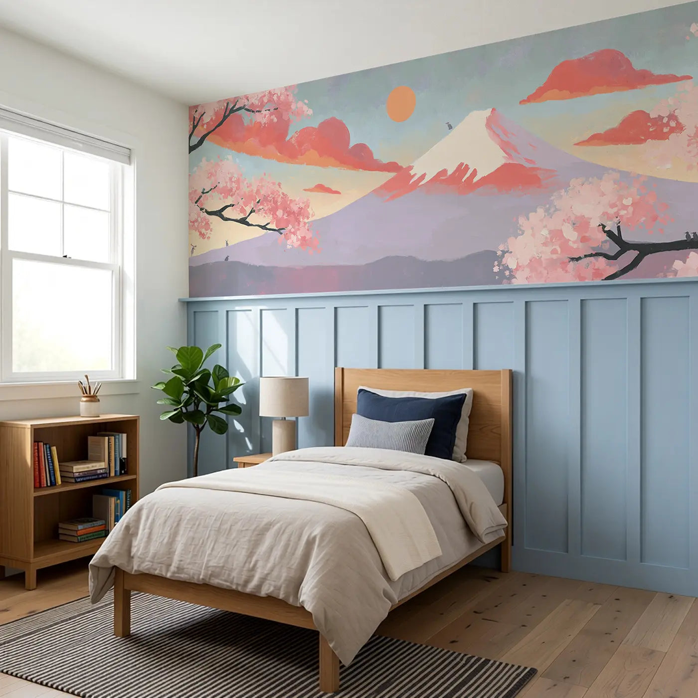 Flat Mount Fuji Scandi Wainscoting Wallpaper styled in a kids bedroom by Whimsy Tots