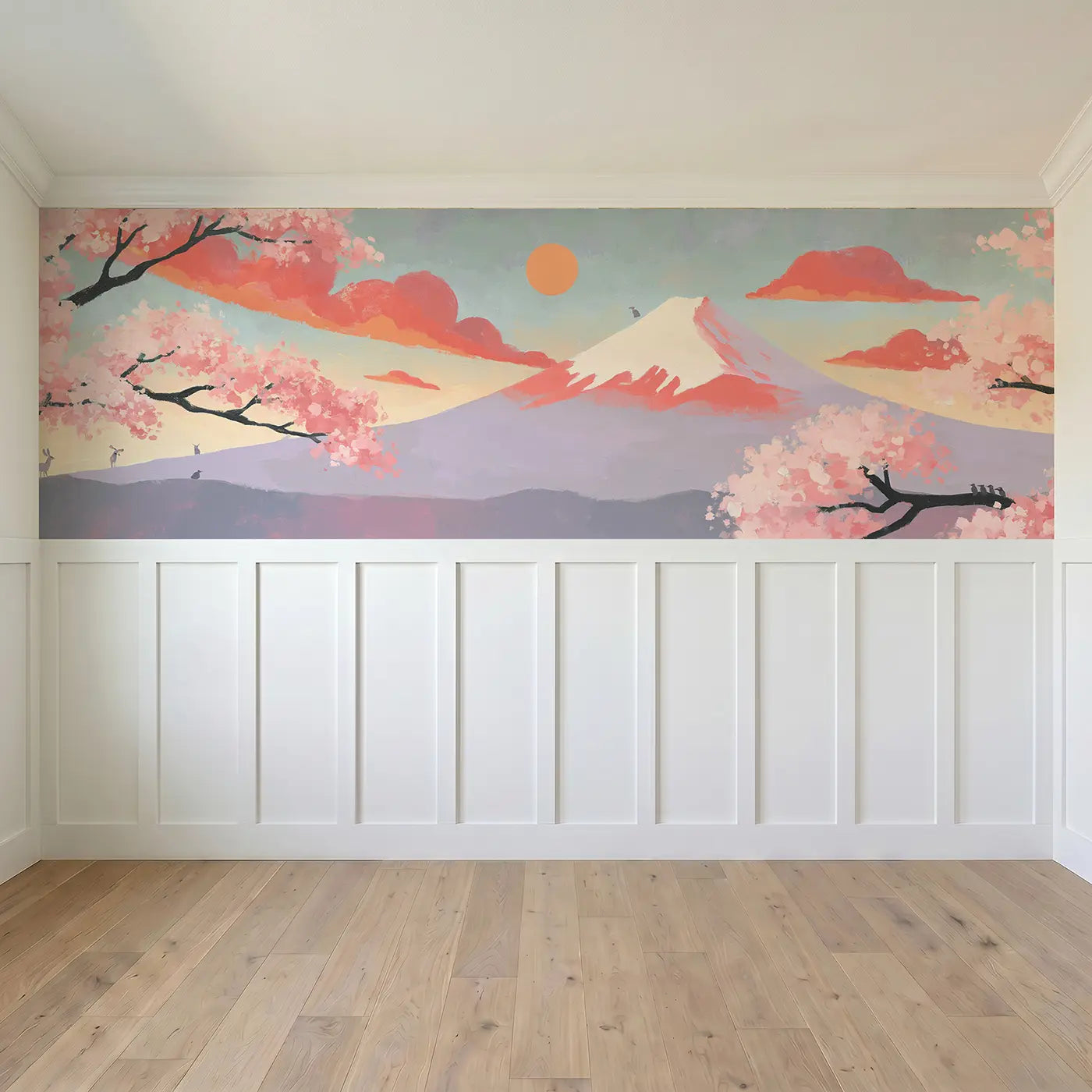 Full panel view of Flat Mount Fuji Scandi Wainscoting Wallpaper by Whimsy Tots